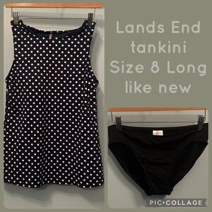 Lands’ End Navy Polka Dot Tankini Top + Bottom | Size 8 Long Swim Set UPF 50